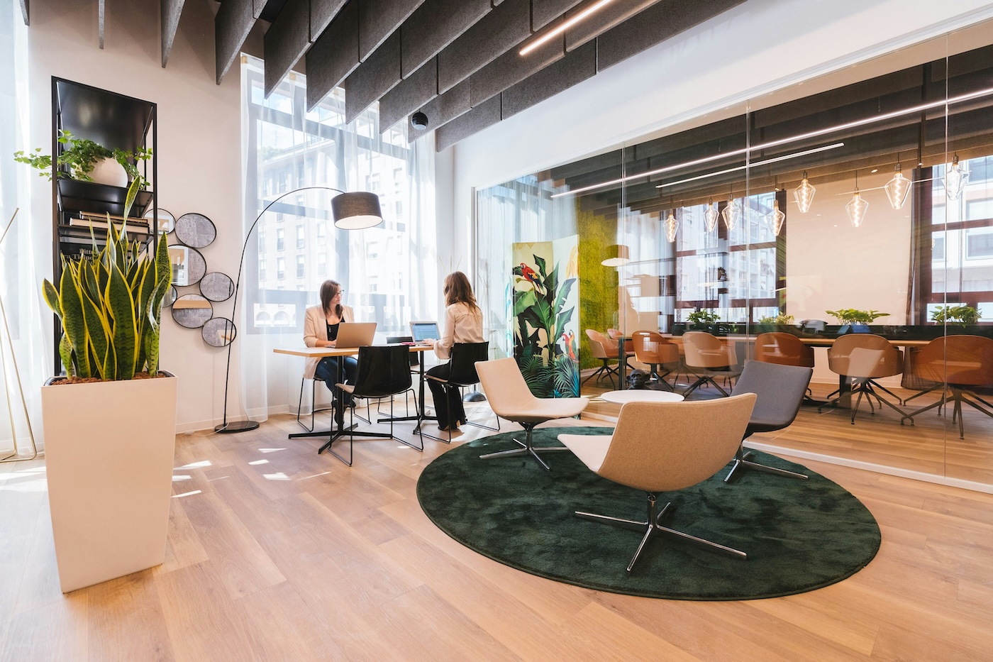 Modern coworking space with plants.