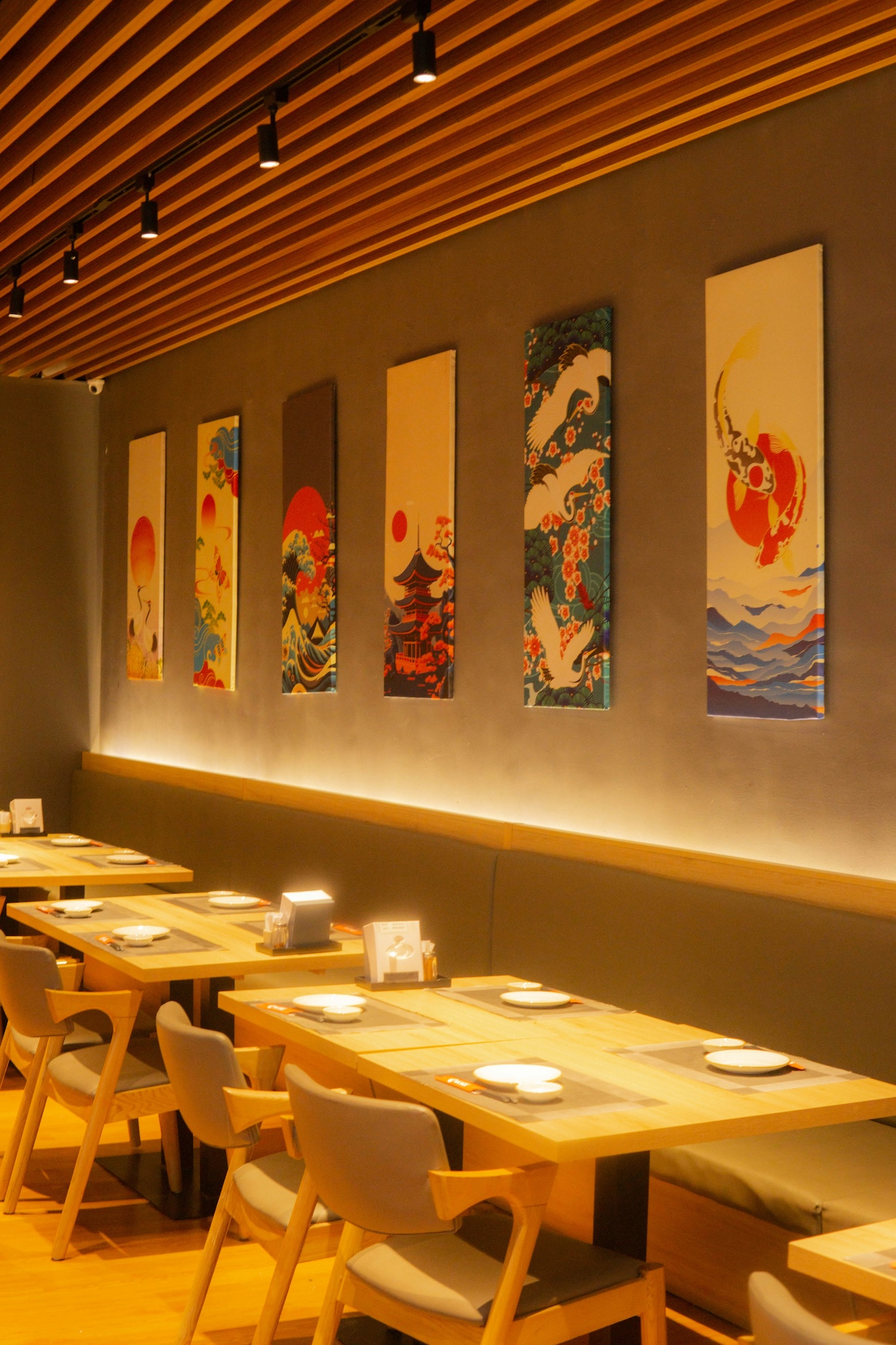 Modern restaurant with artistic wall decor