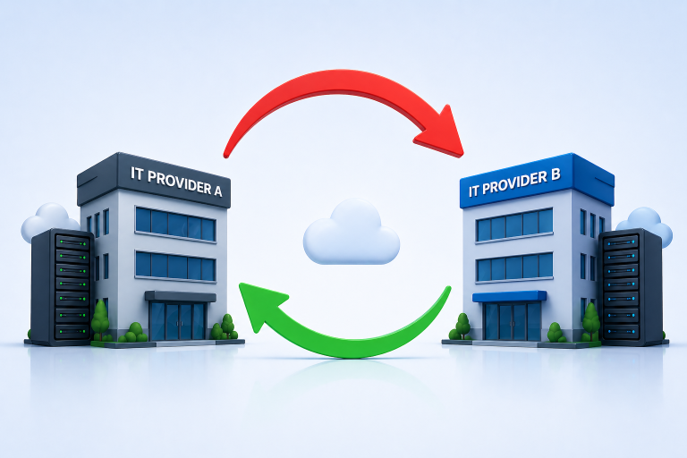 Image of two IT service providers with arrows going between both in different directions showcasing How To Switch IT Providers